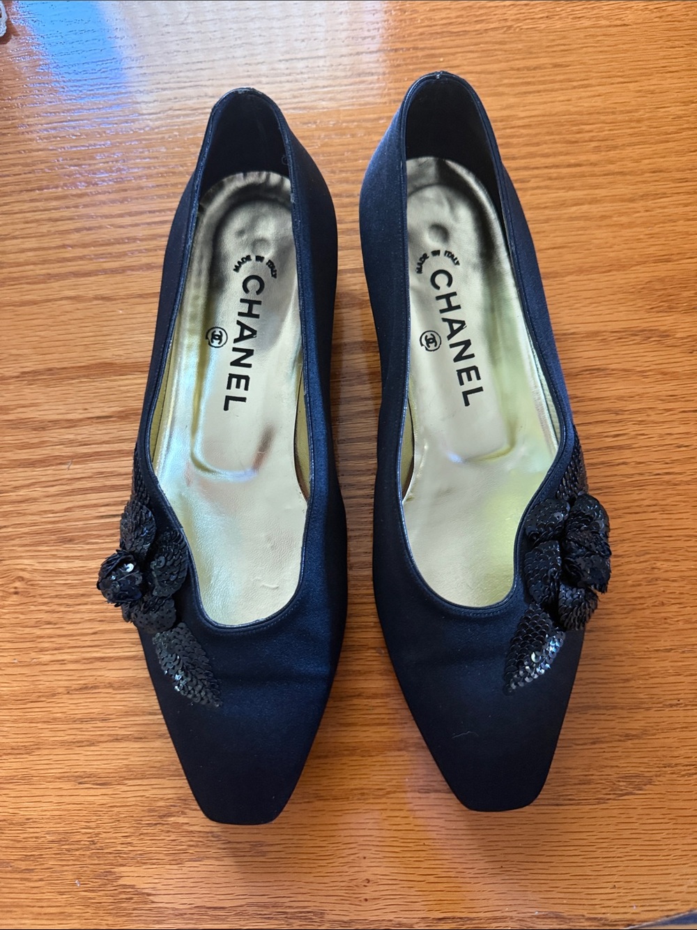 Vintage CHANEL Black Sequin Camellia Flats
